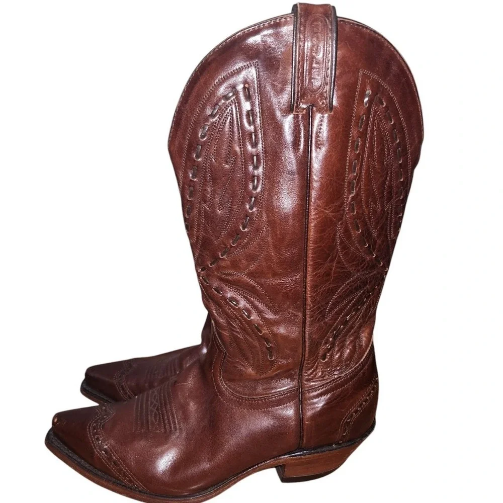 Vintage Boulet Leather Cowboy Boots, Western Brown, Decorative Stitching 8 Wide‎